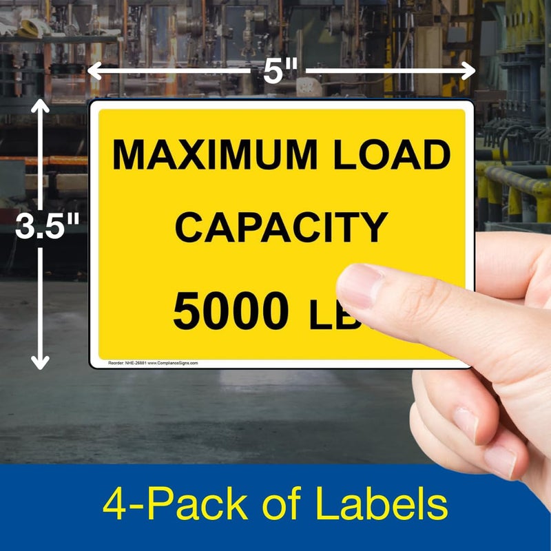 ComplianceSigns.com Maximum Load Capacity 5000 Lbs Label Decal, 5x3.5 in. 4-Pack Vinyl for Industrial Notices - Image 1